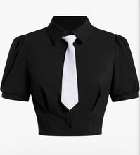 Load image into Gallery viewer, Preppy Cropped Button Down Collar Shirt w/ Tie